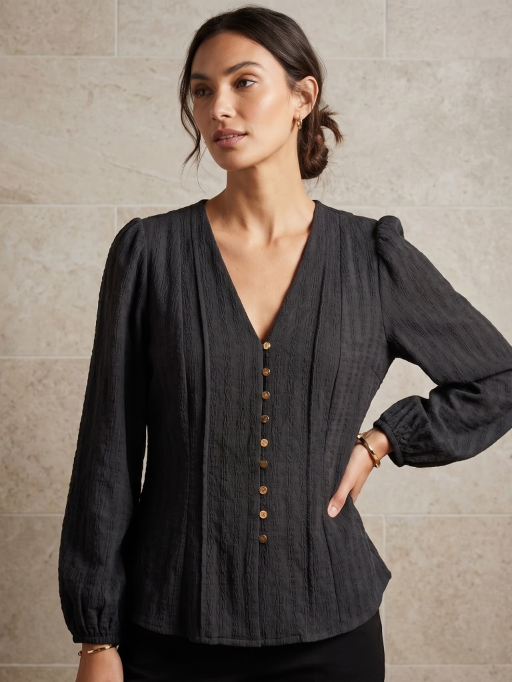 Ted Baker, London Textured V-Neck Button Front Women's Top - Black